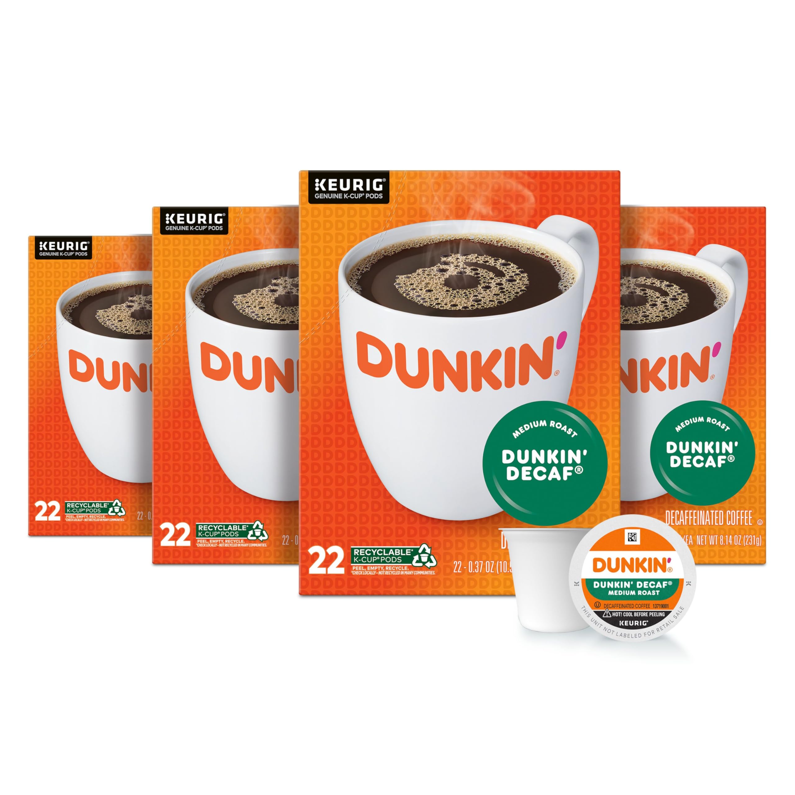 Dunkin' Decaf K-Cup pods in a four-pack box for home use.