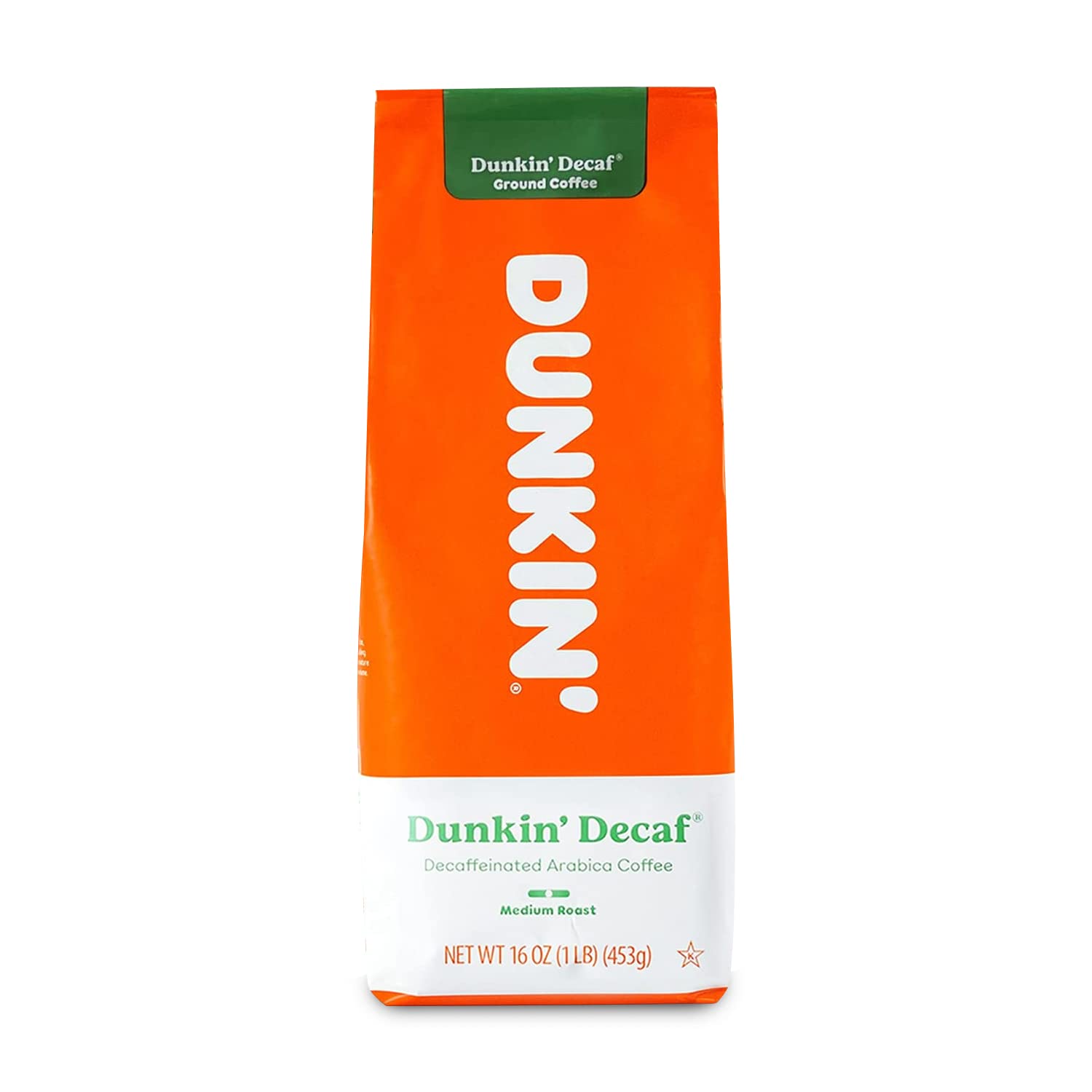 Dunkin Donuts Decaf 16 oz bag ready for smooth at-home brewing.