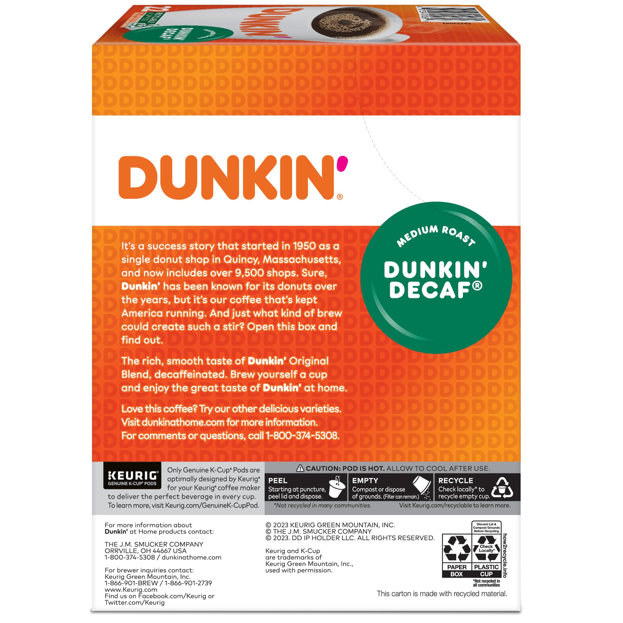 Dunkin Donuts decaf K-Cup packaging back with usage tips.