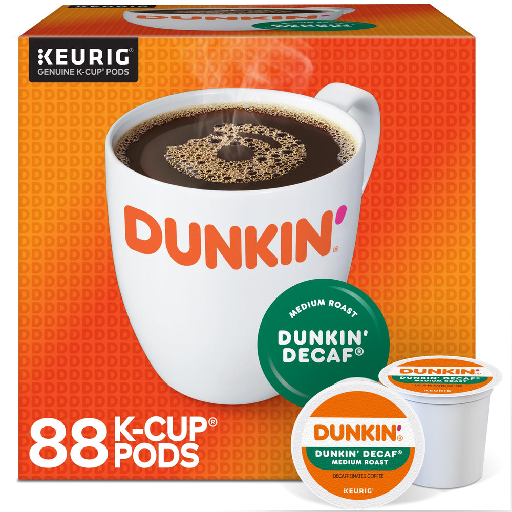 Dunkin Donuts decaf K-Cup pods box front for easy mornings.