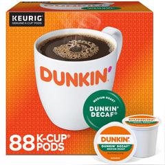 Dunkin Donuts decaf K-Cup pods box front for easy mornings.