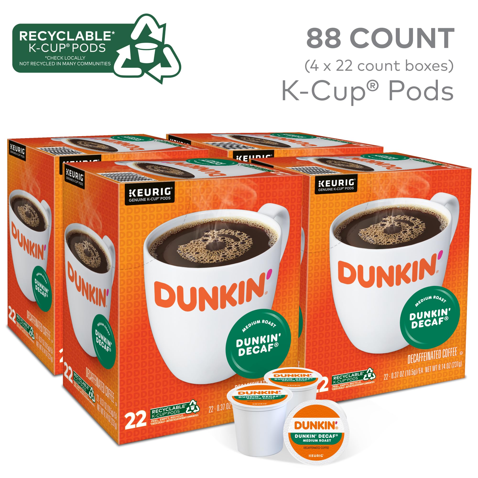 Dunkin Donuts decaf K-Cup pods closeup highlighting rich flavor.