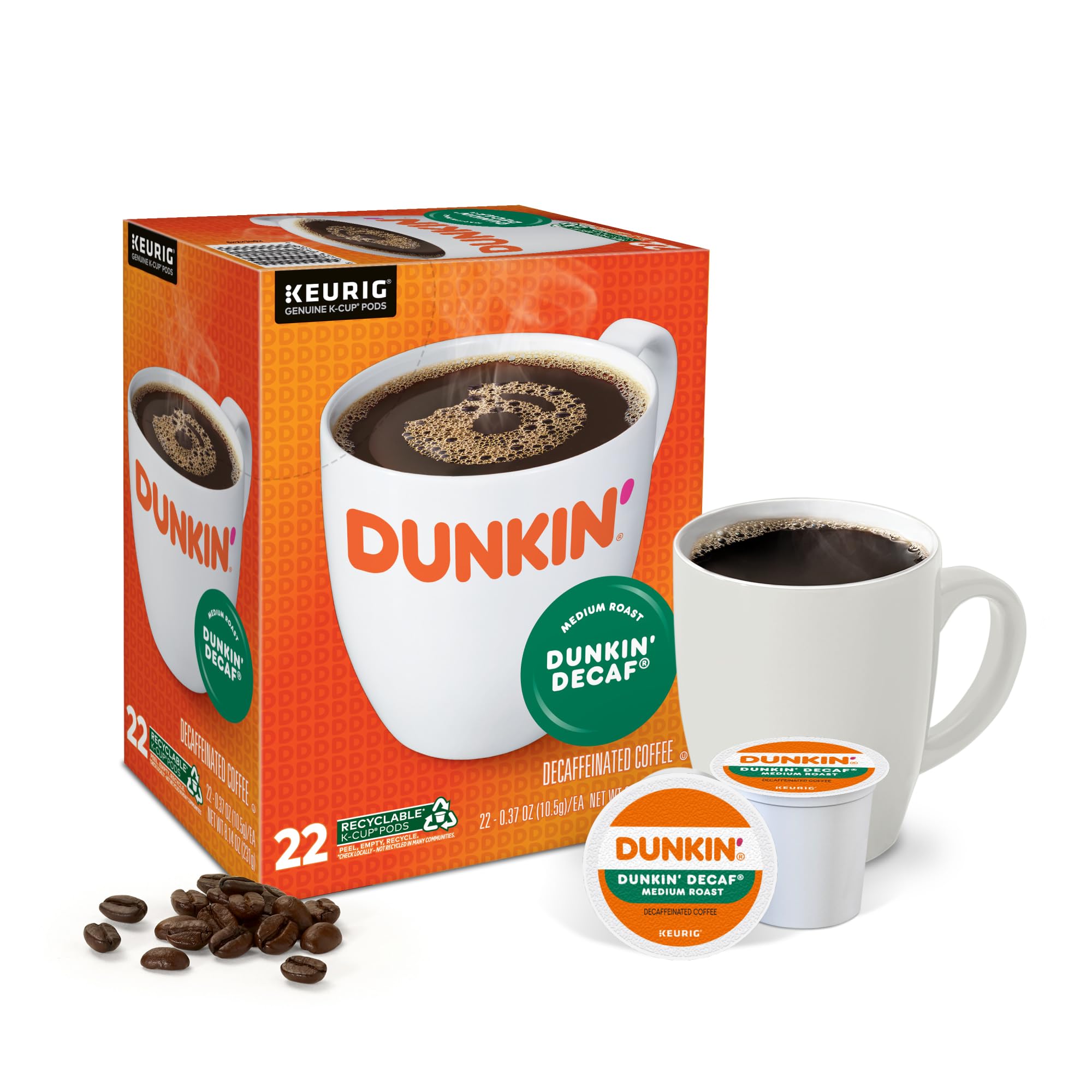 Dunkin Donuts decaf K-Cup pods dispensed for quick coffee.