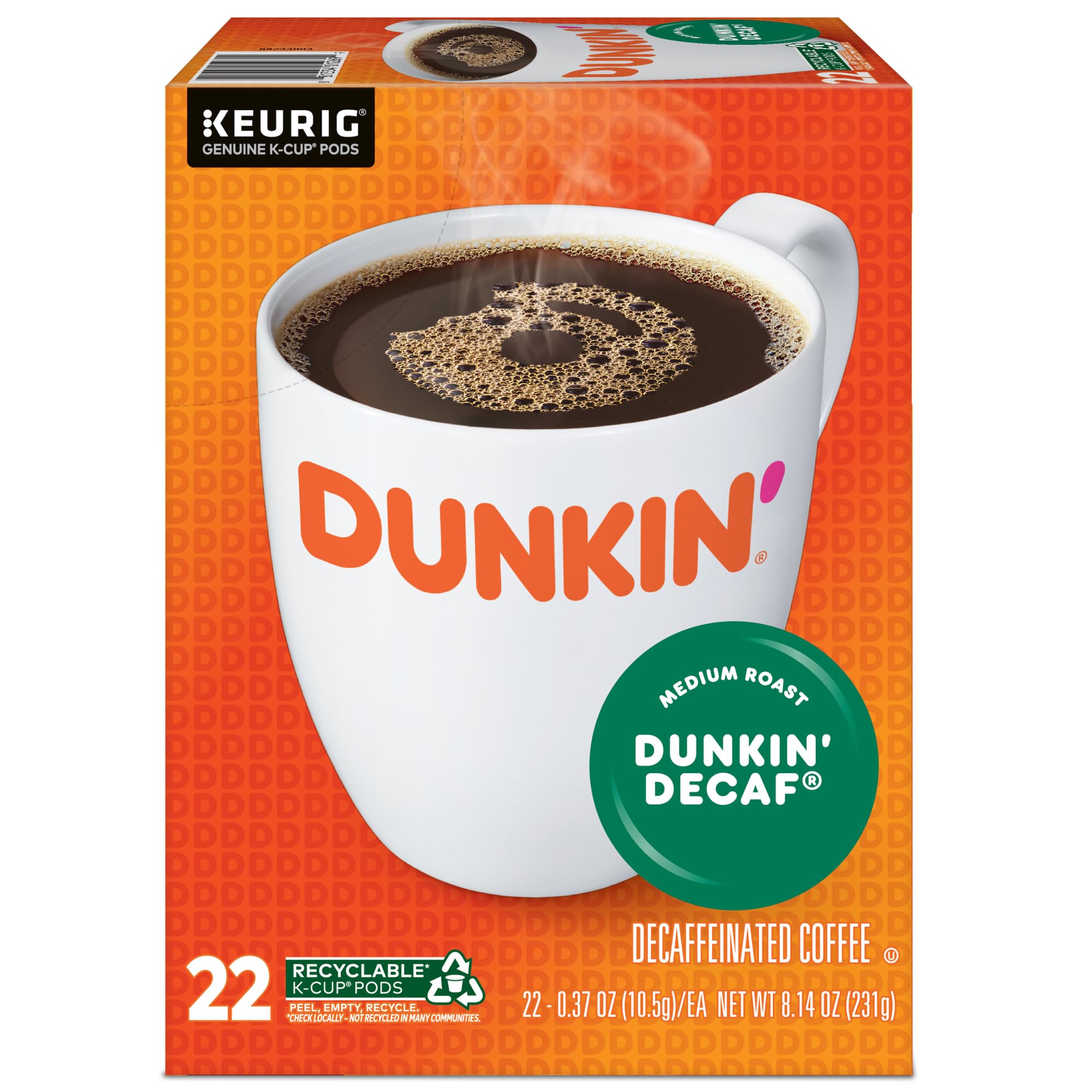 Dunkin Donuts decaf K-Cup pods side view for quick brews.