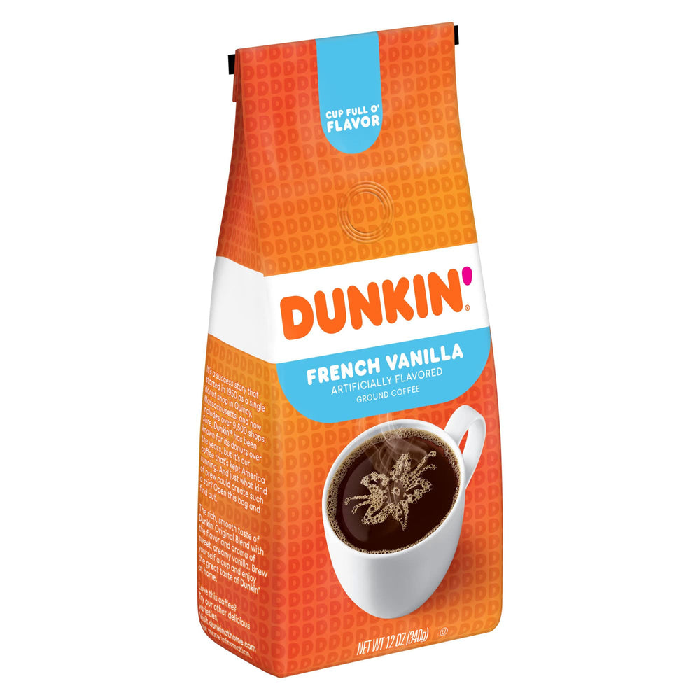 Dunkin' Donuts French Vanilla coffee bag side view, highlighting easy home brewing.