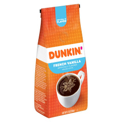 Dunkin' Donuts French Vanilla coffee bag side view, highlighting easy home brewing.