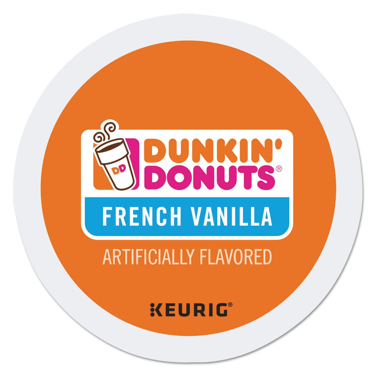 Dunkin' Donuts French Vanilla K-Cup box front with aromatic vanilla notes for a smooth morning.