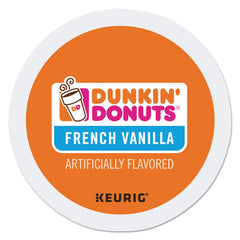 Dunkin' Donuts French Vanilla K-Cup box front with aromatic vanilla notes for a smooth morning.