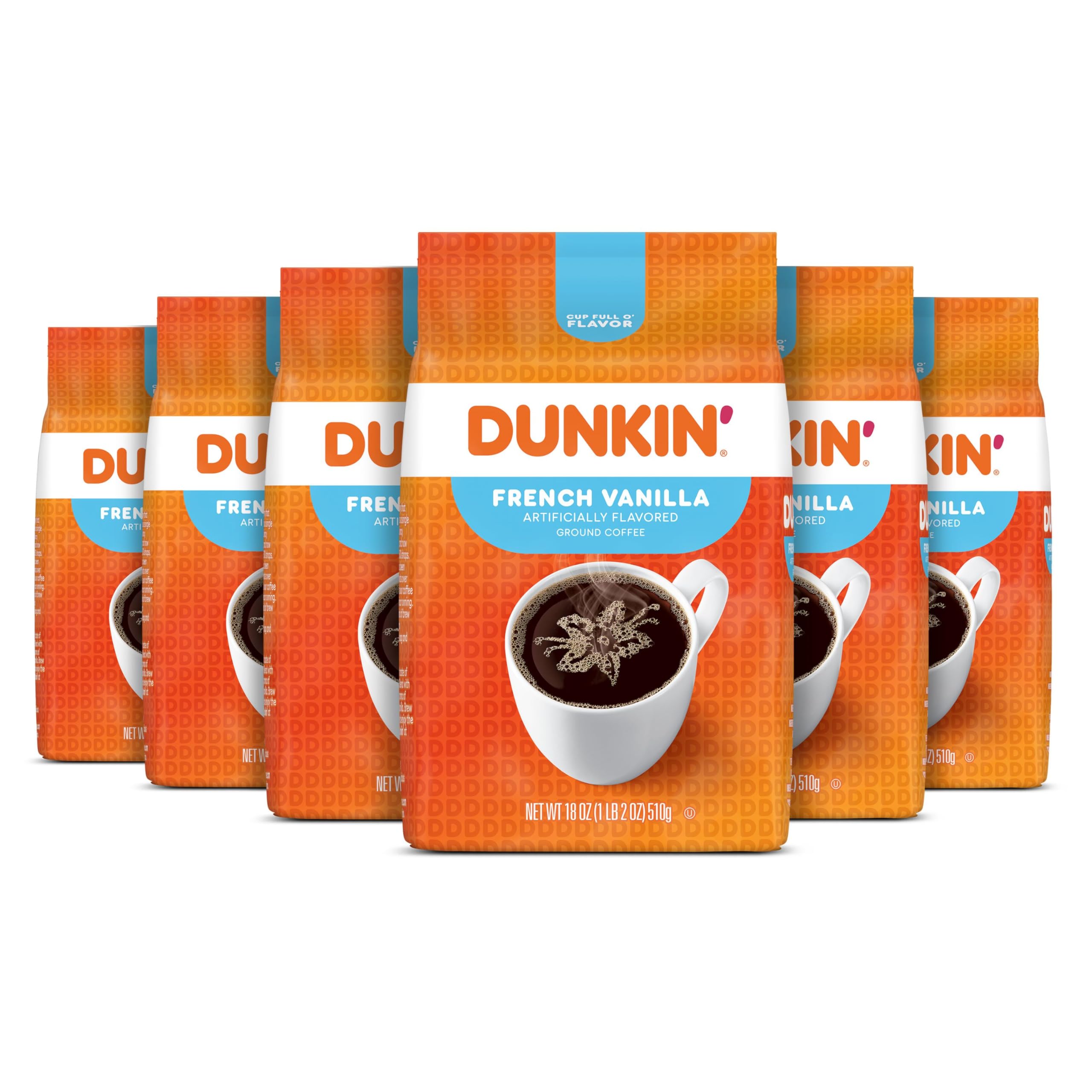 Dunkin French Vanilla ground coffee six-pack ready for home brewing.