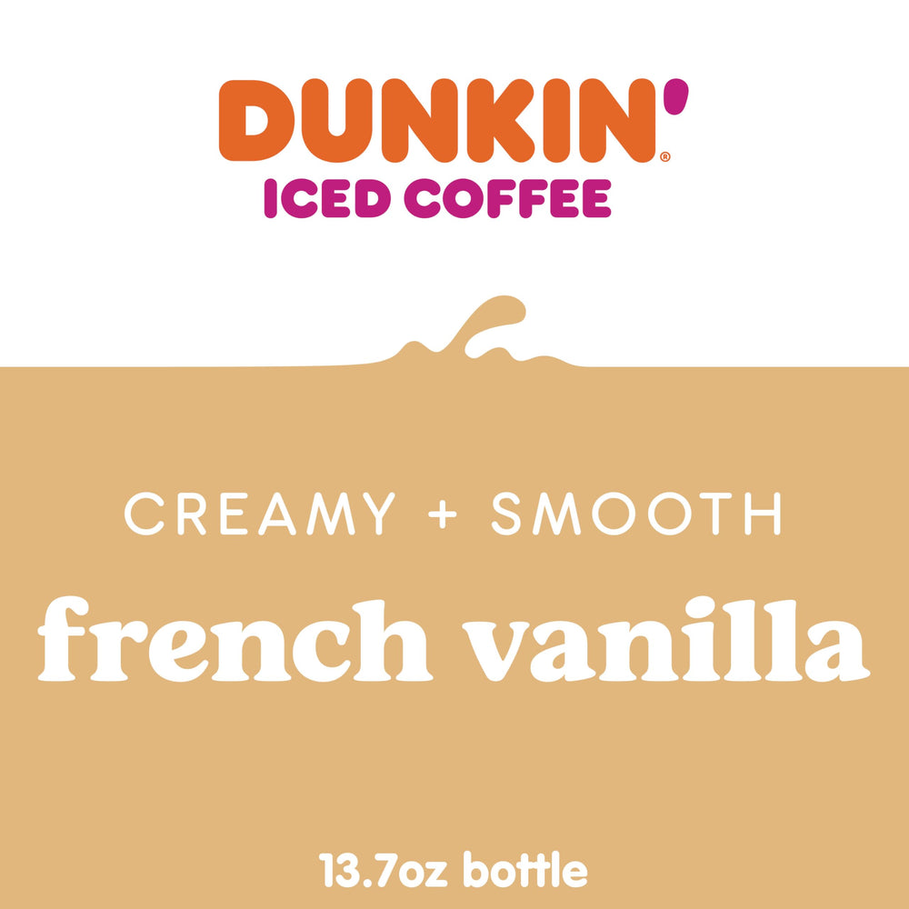 Dunkin French Vanilla Iced Coffee bottle on ice emphasizes convenience