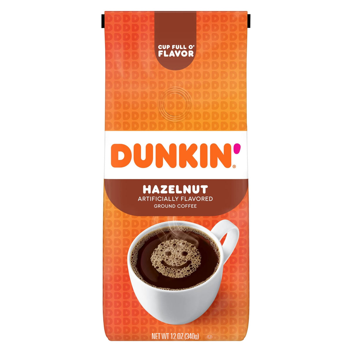 Dunkin' Hazelnut ground coffee bag with rich aroma for a comforting morning.
