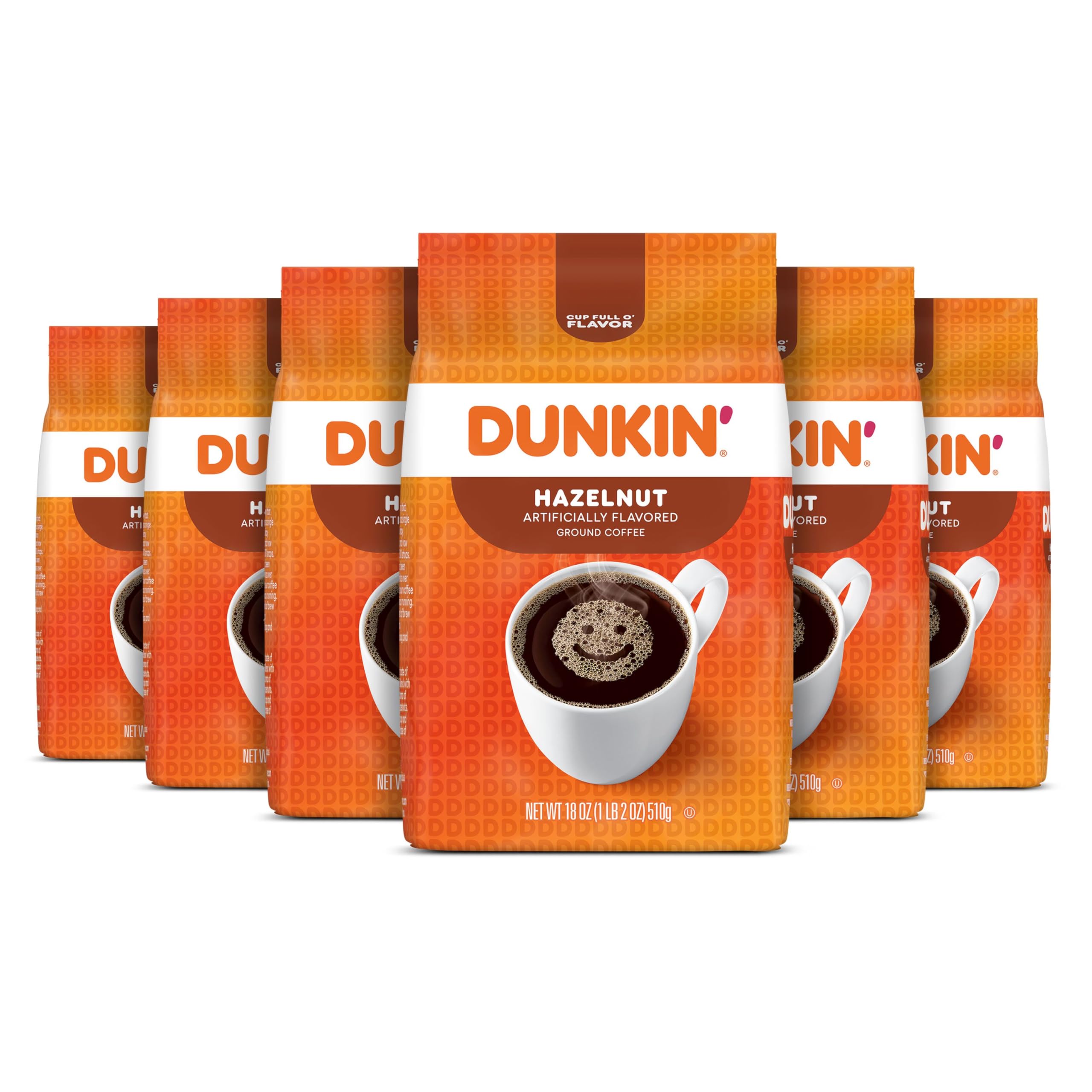 Dunkin Hazelnut ground coffee six-pack bags ready for home brewing