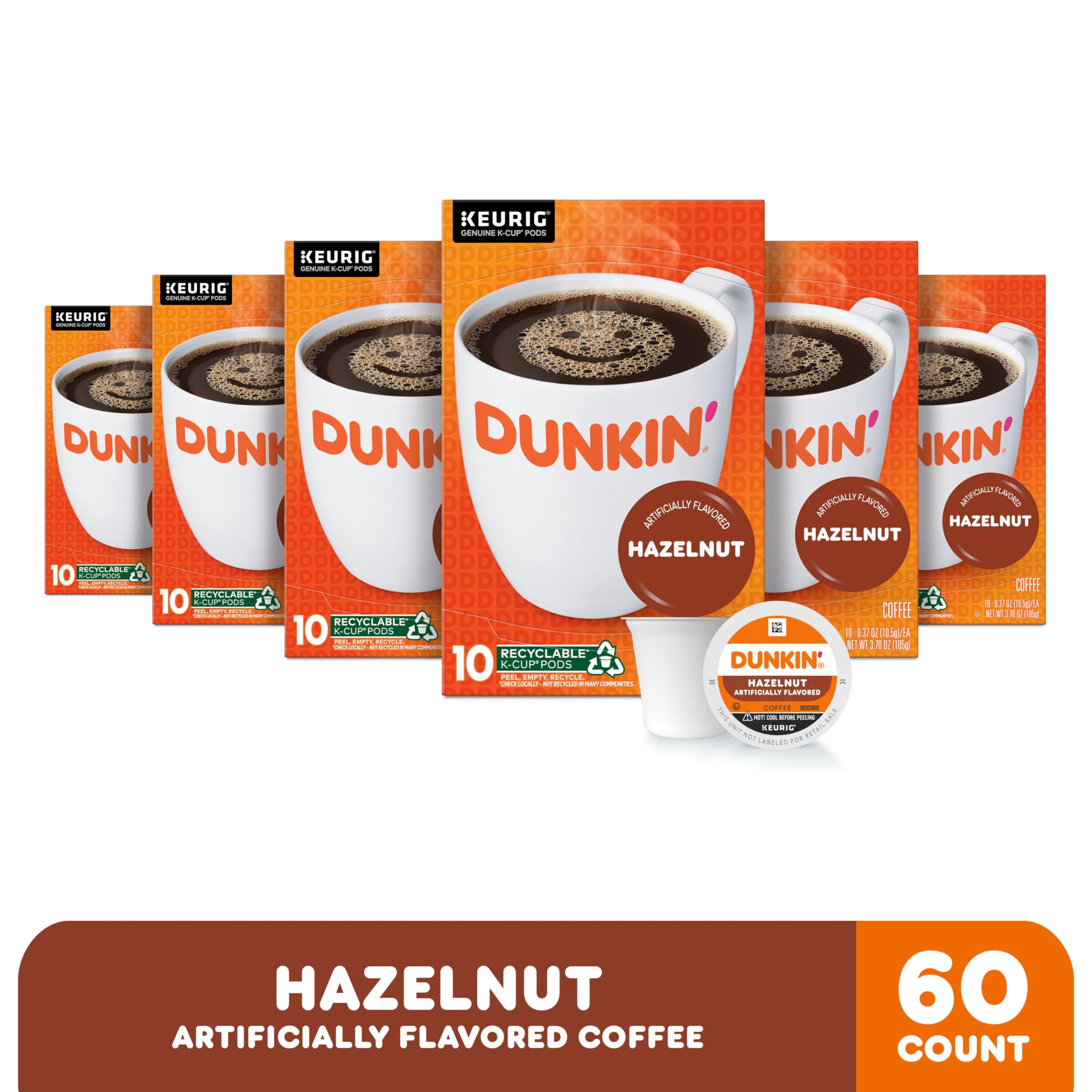 Closeup of Dunkin' Hazelnut K-Cup pods highlighting rich hazelnut aroma