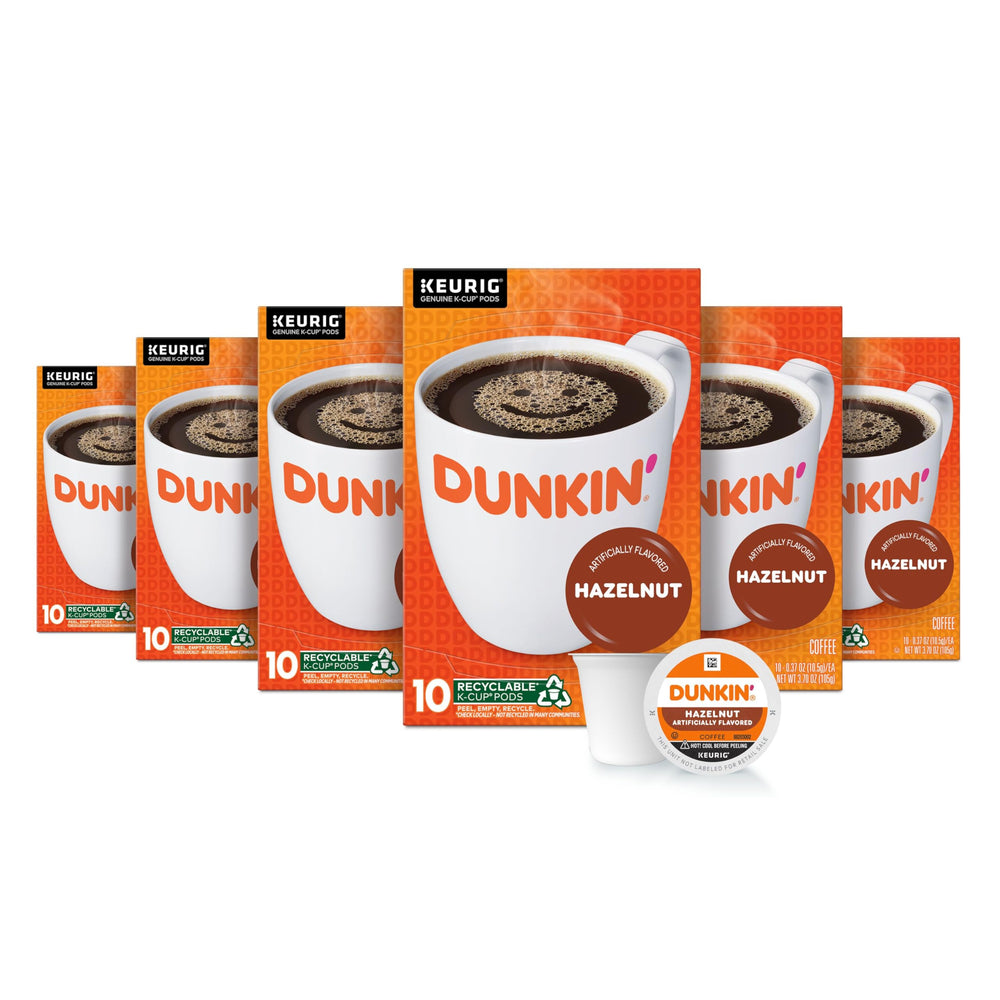 Dunkin' Hazelnut K-Cup pods packaging shows six boxes for convenient home brewing
