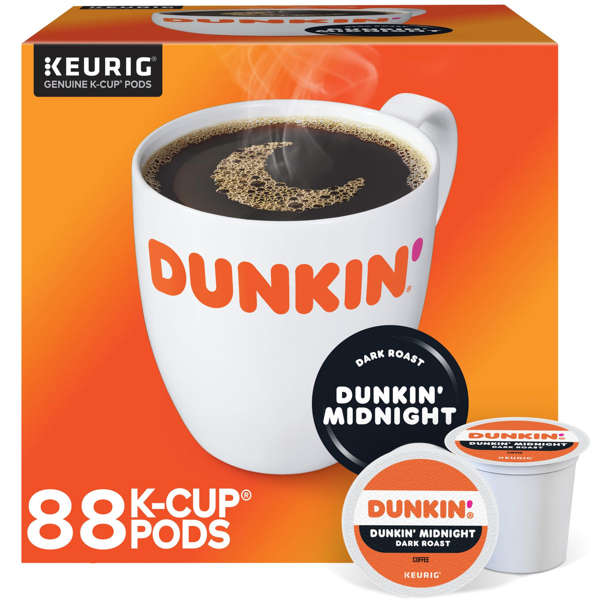 Dunkin' Donuts dark roast K-Cup packaging front view for at-home brewing