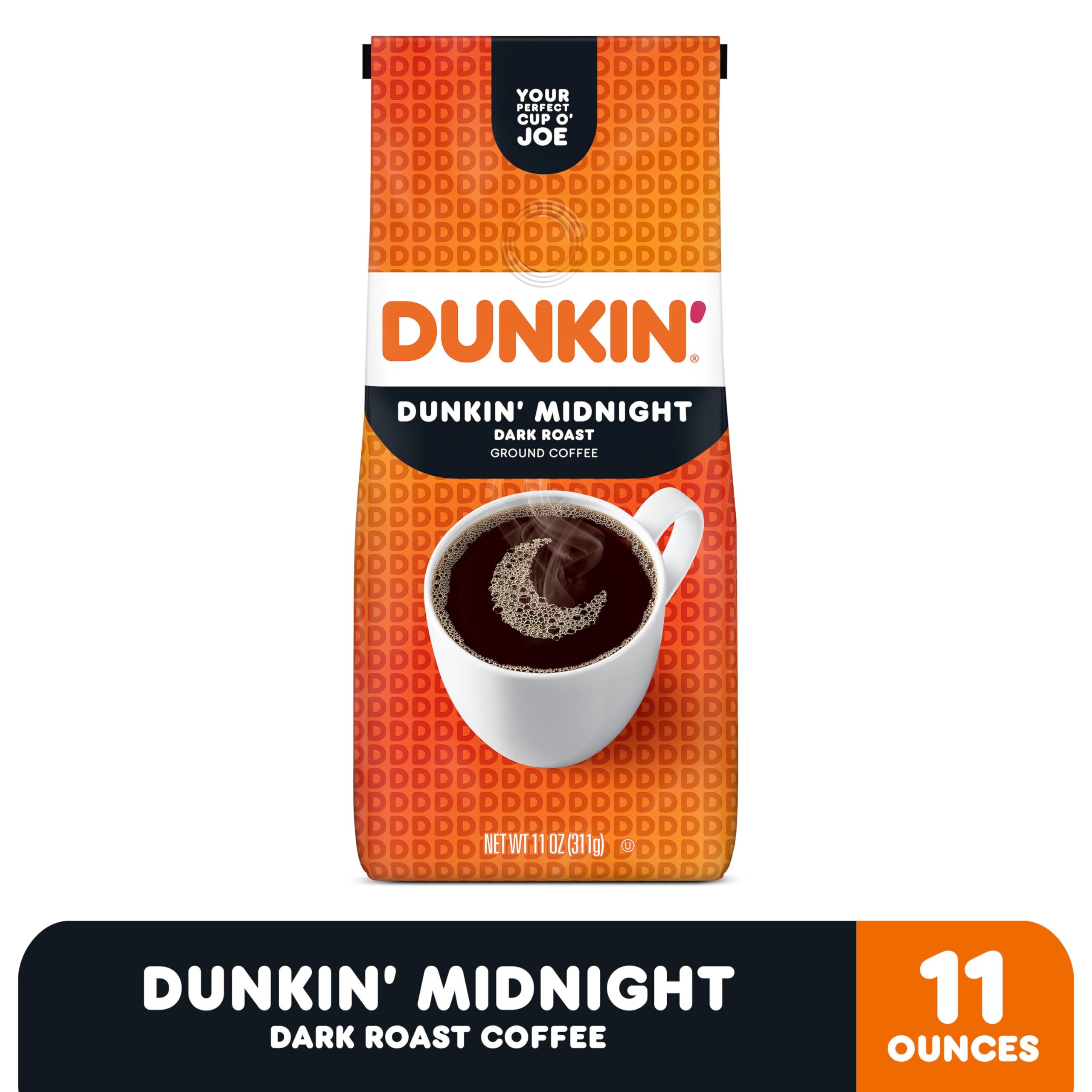 Dunkin Midnight dark roast aroma in a steaming mug.
