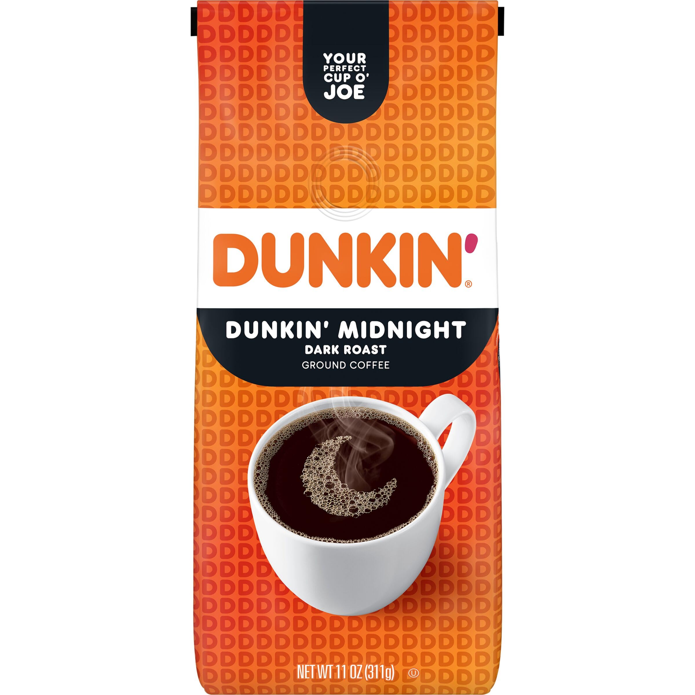 Dunkin Midnight ground coffee 11oz bag highlighting bold flavor for morning routine.