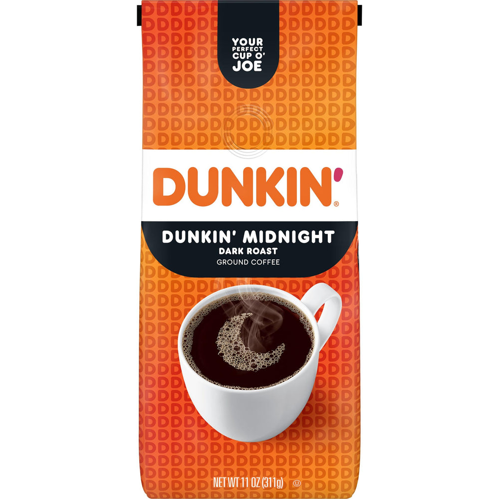 Dunkin Midnight ground coffee 11oz bag highlighting bold flavor for morning routine.