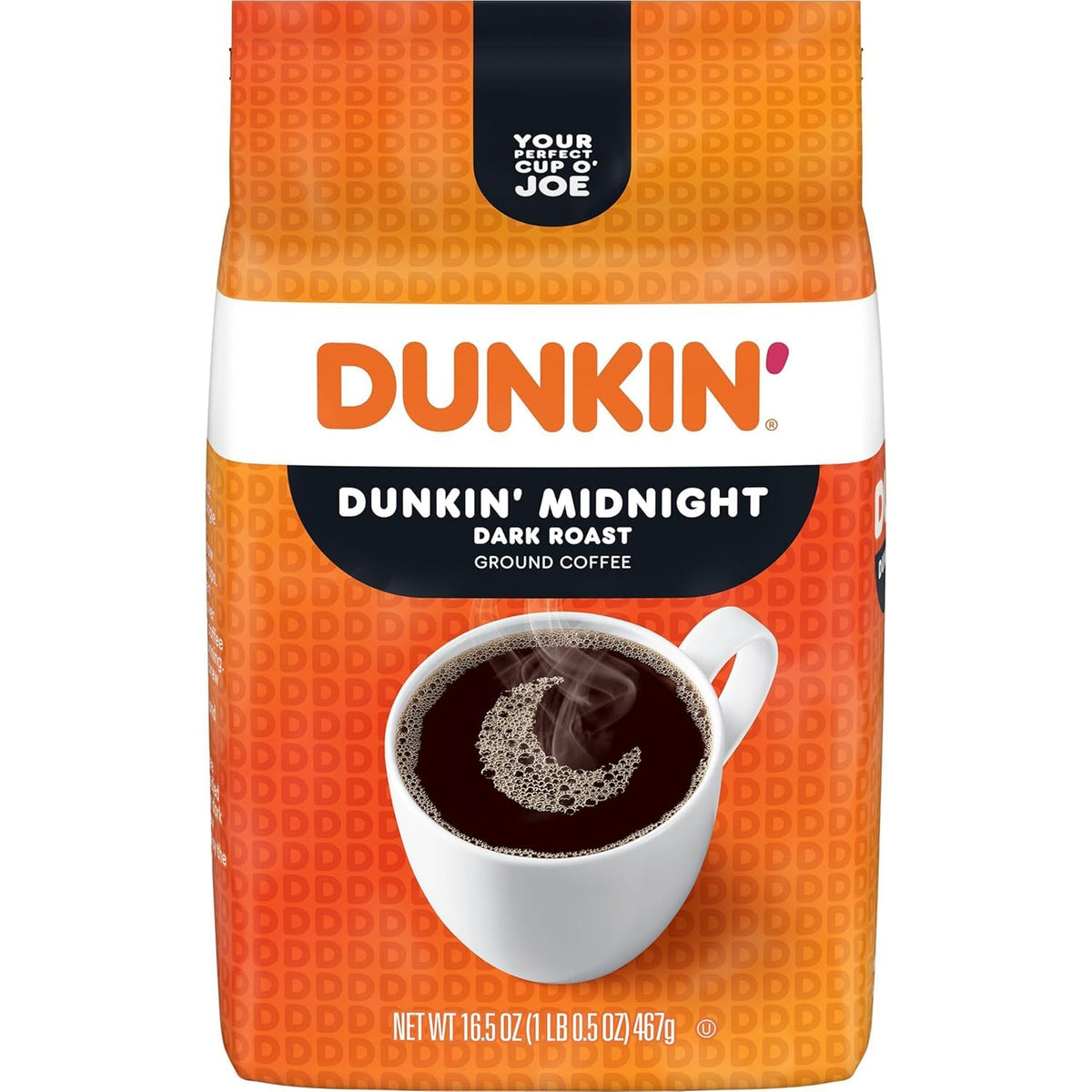 Dunkin' Midnight ground coffee 16.5 oz bag front, bold full-bodied flavor.