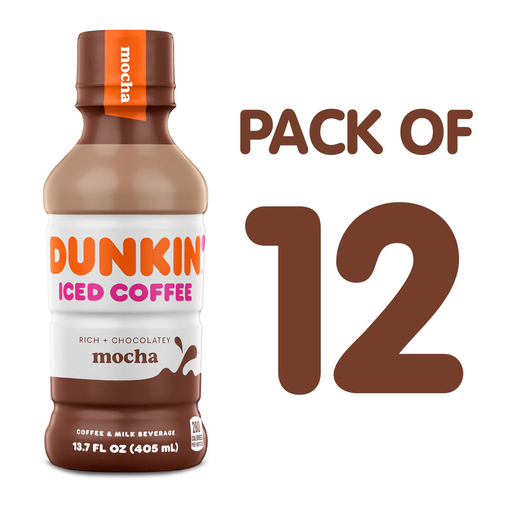Dunkin Mocha Iced Coffee bottle back nutrition panel shows transparent ingredients.