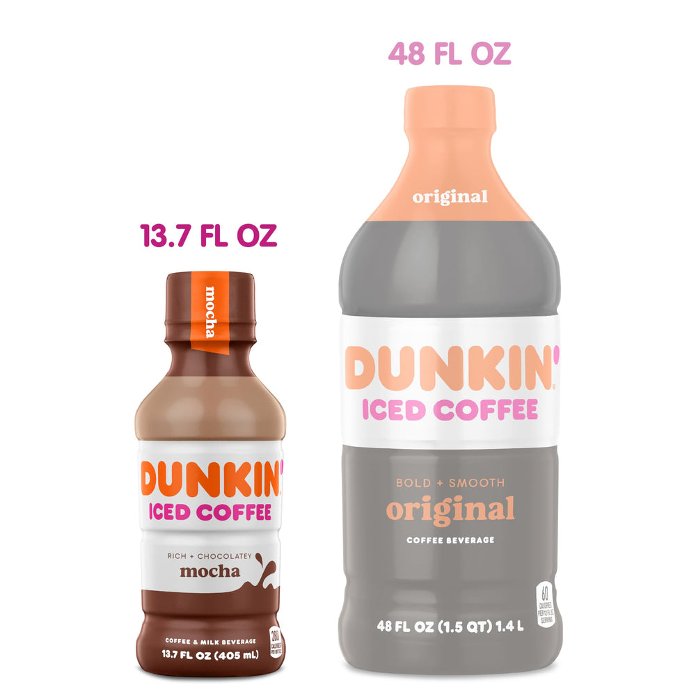 Dunkin Mocha Iced Coffee bottle front view emphasizes sturdy packaging.
