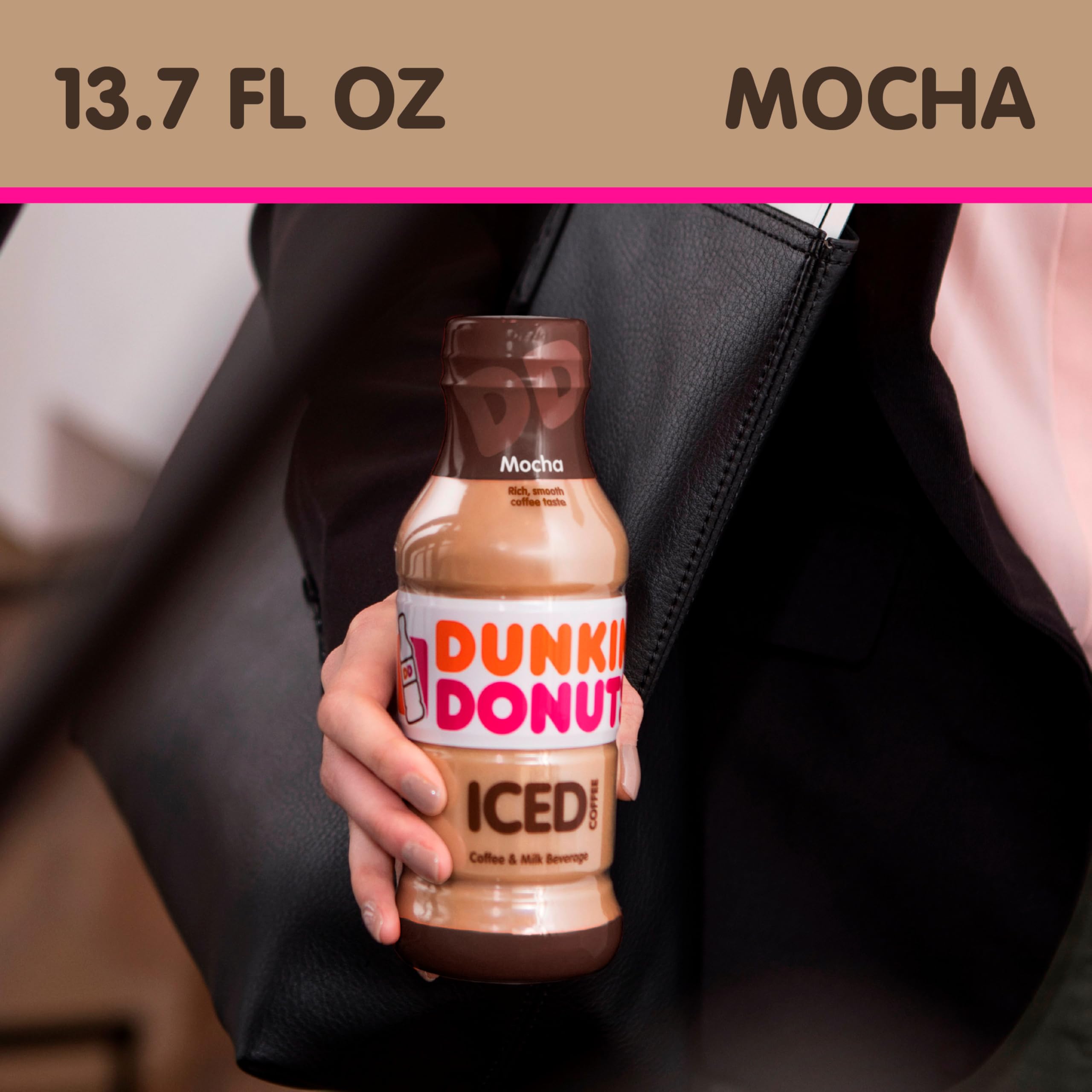 Dunkin Mocha Iced Coffee bottle on ice highlights refreshing cold treat.