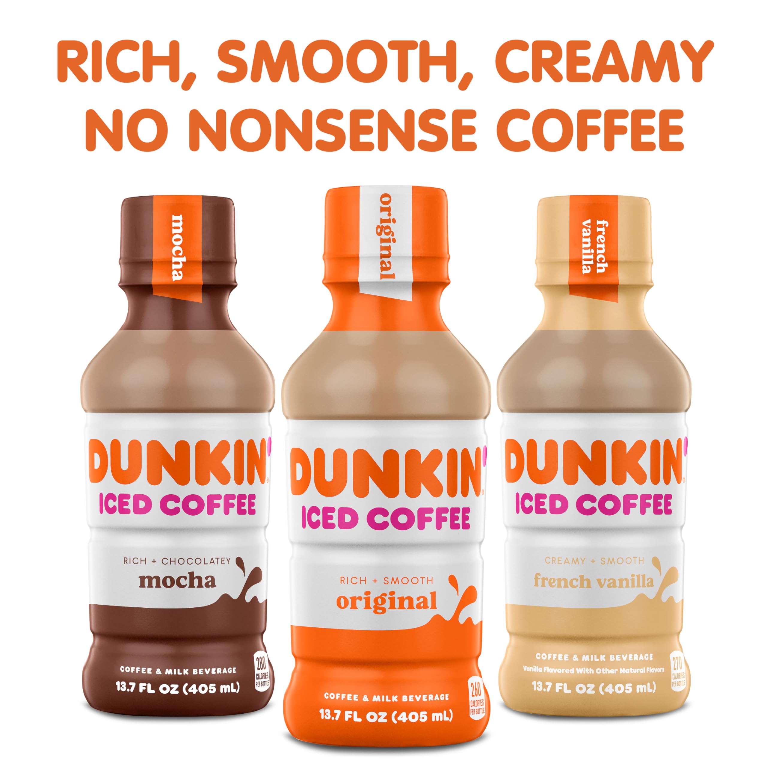 Dunkin Mocha Iced Coffee bottle with glass captures a smooth coffee milk blend.