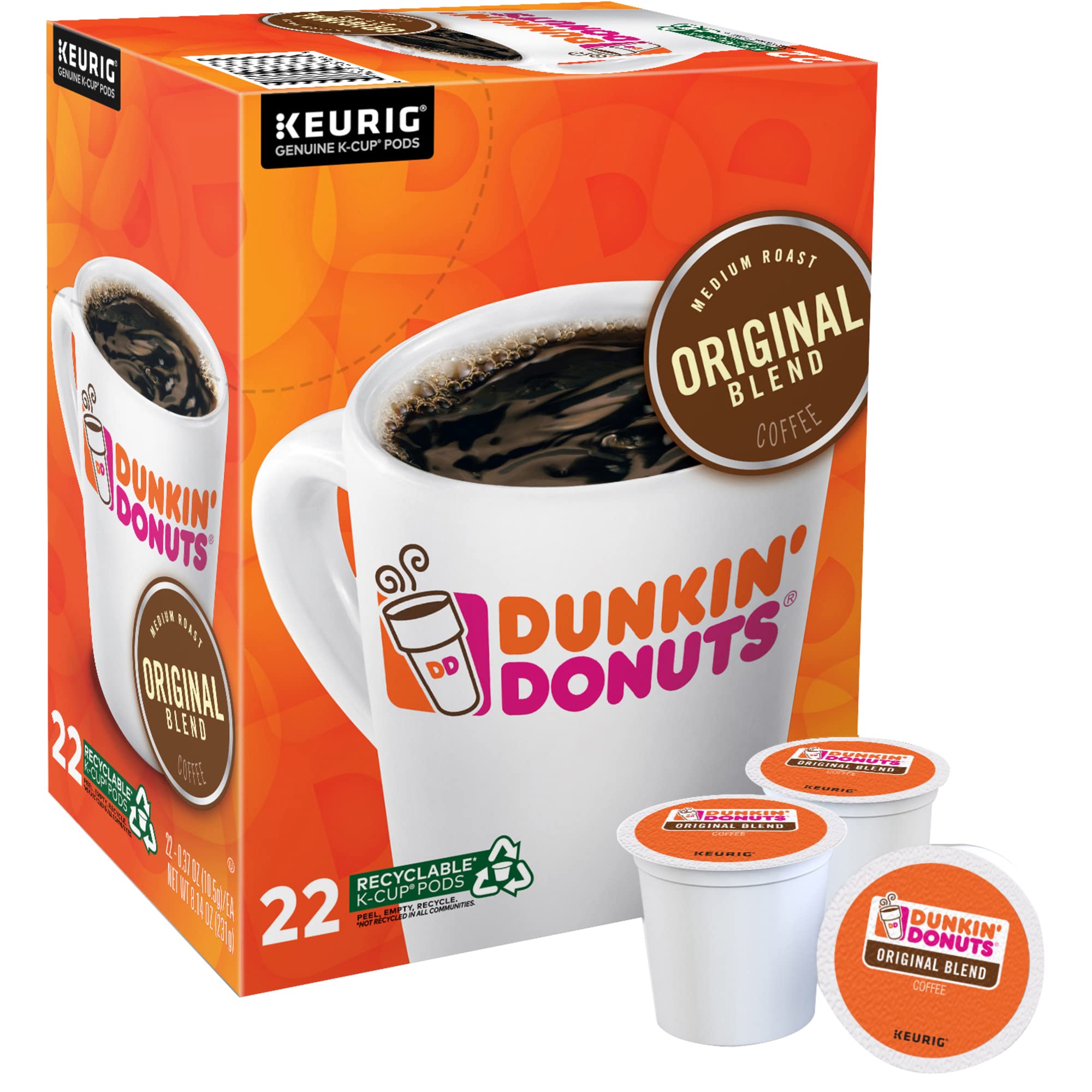 Dunkin Original Blend packaging showing single serve pods for easy breakroom or home brewing