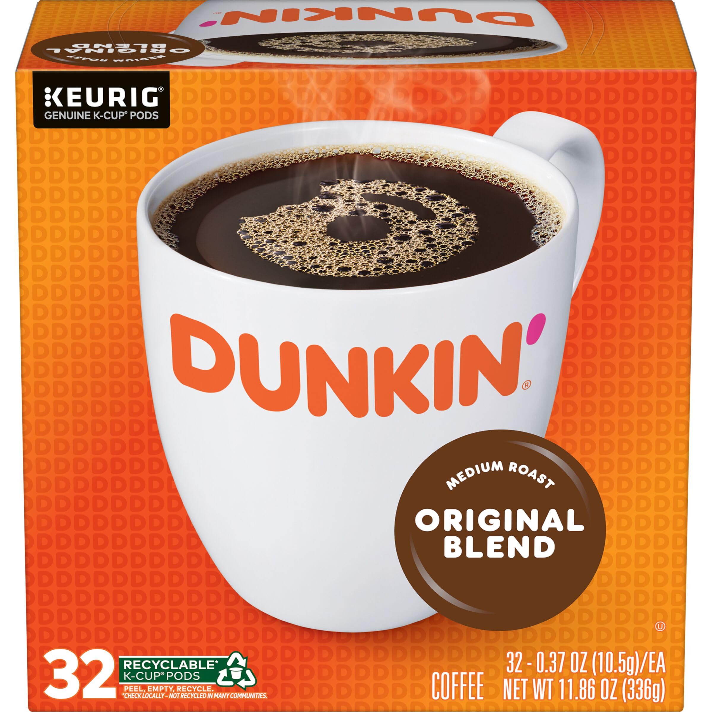 The Dunkin Original Blend Decaf K-Cups 32-count box for home convenience.