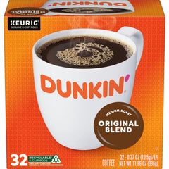 The Dunkin Original Blend Decaf K-Cups 32-count box for home convenience.