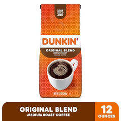 Dunkin Original Blend label closeup, highlighting 100 percent Arabica beans and signature flavor.