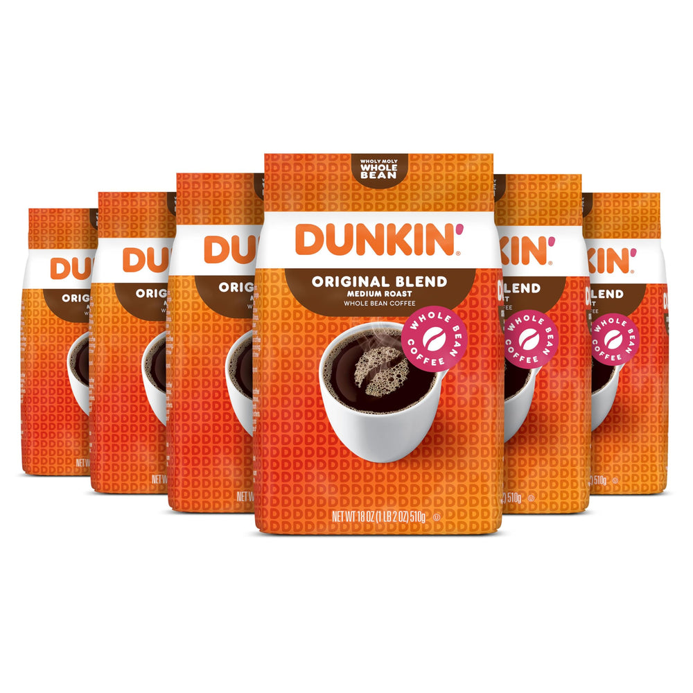 Dunkin Original Blend ground coffee pack front view, six-pack convenience for home brewing.