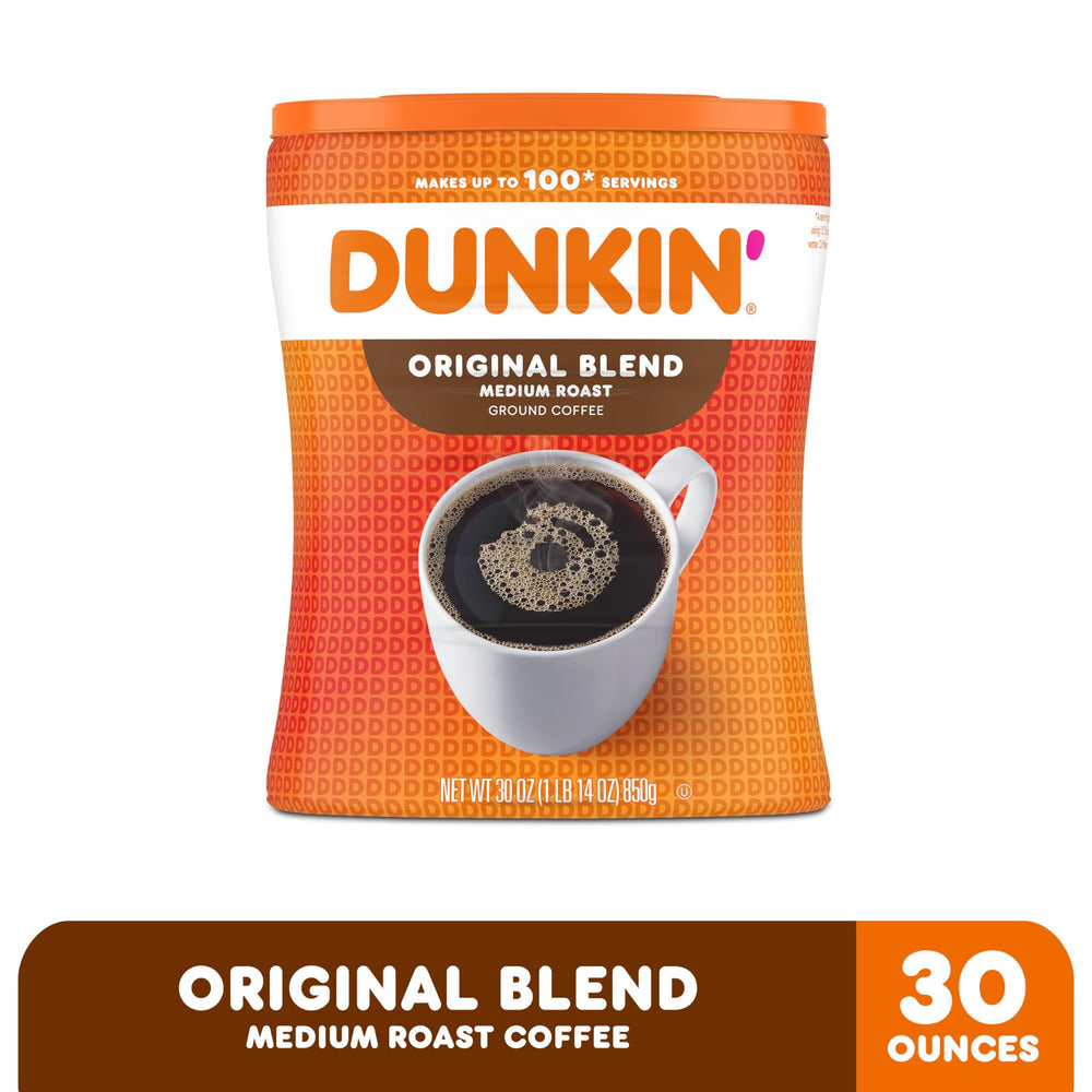 Pouring Dunkin' Original Blend coffee into a mug for a smooth start.