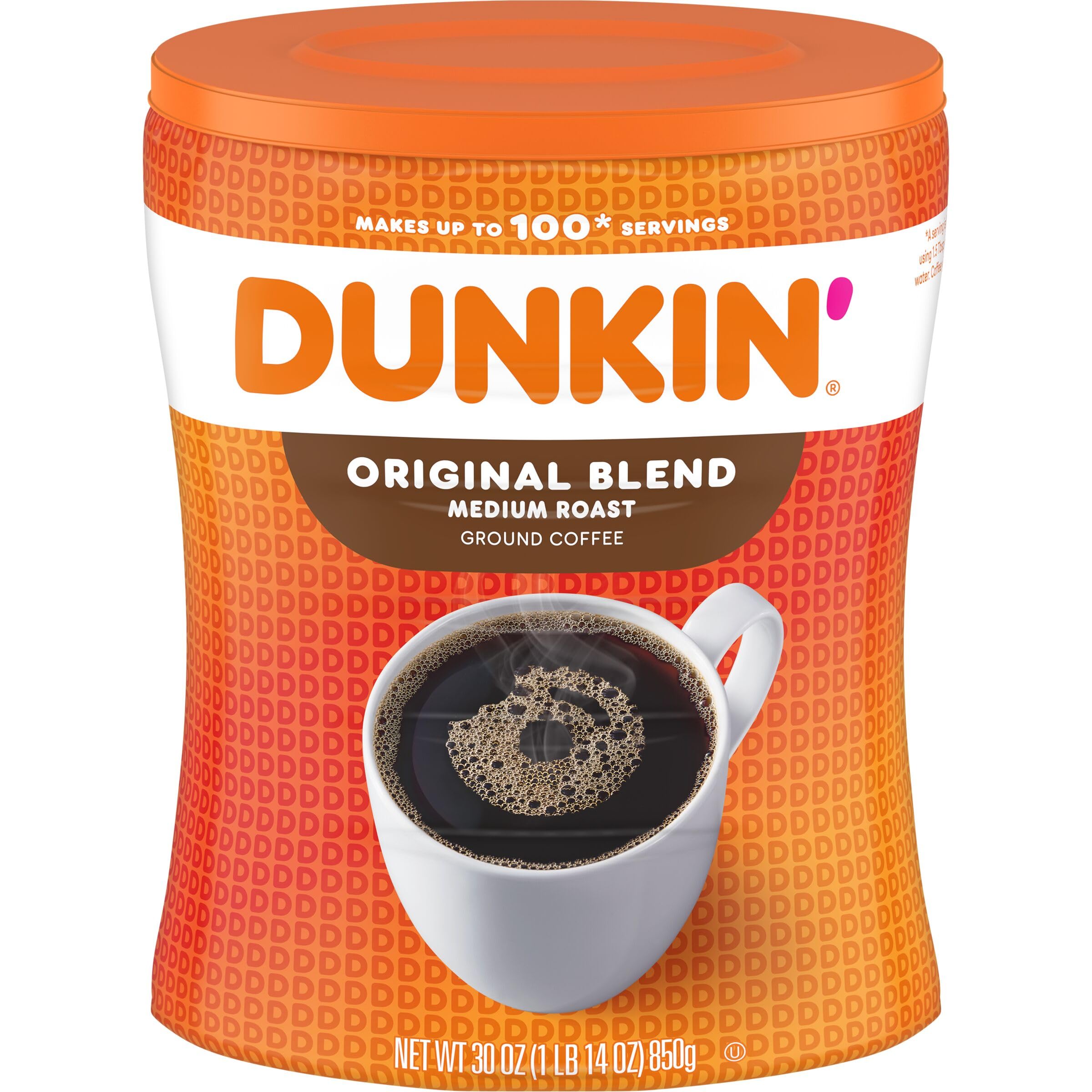 Dunkin' Original Blend ground coffee canister ready for easy at-home brewing.
