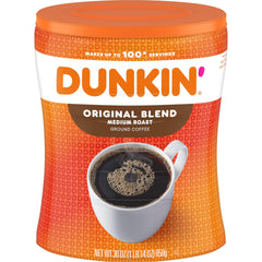 Dunkin' Original Blend ground coffee canister ready for easy at-home brewing.