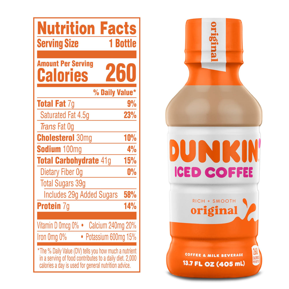 Dunkin Original Iced Coffee bottle label shows caffeine info for planning