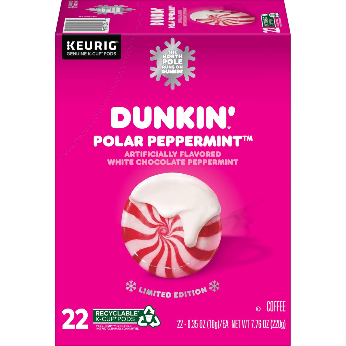Dunkin Polar Peppermint K-Cup box showcases holiday flavor for Keurig brews.