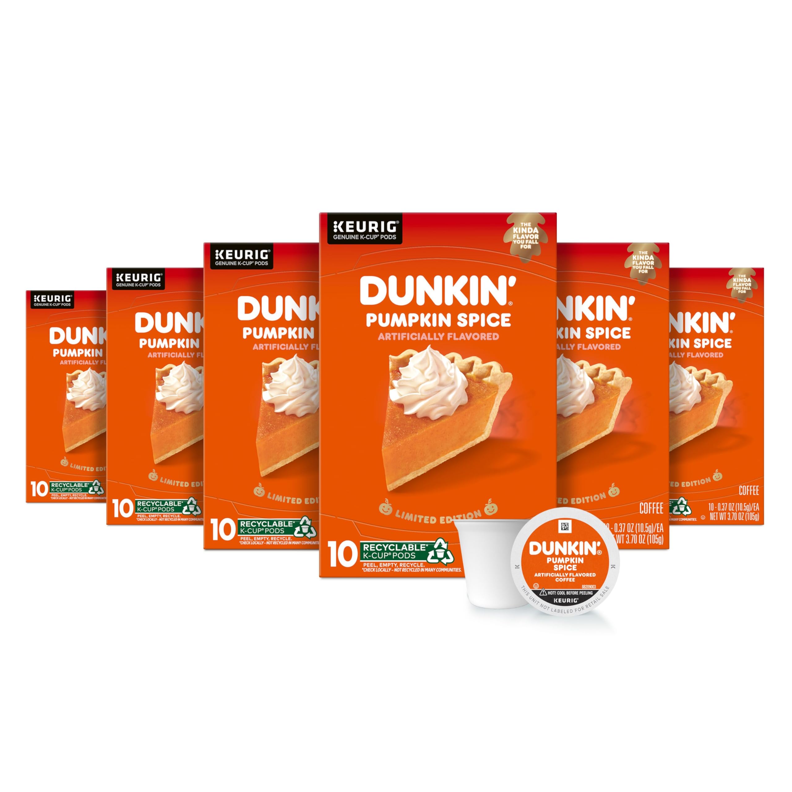 Dunkin' Pumpkin Spice coffee pods packaging front, ideal for autumn flavor at home.