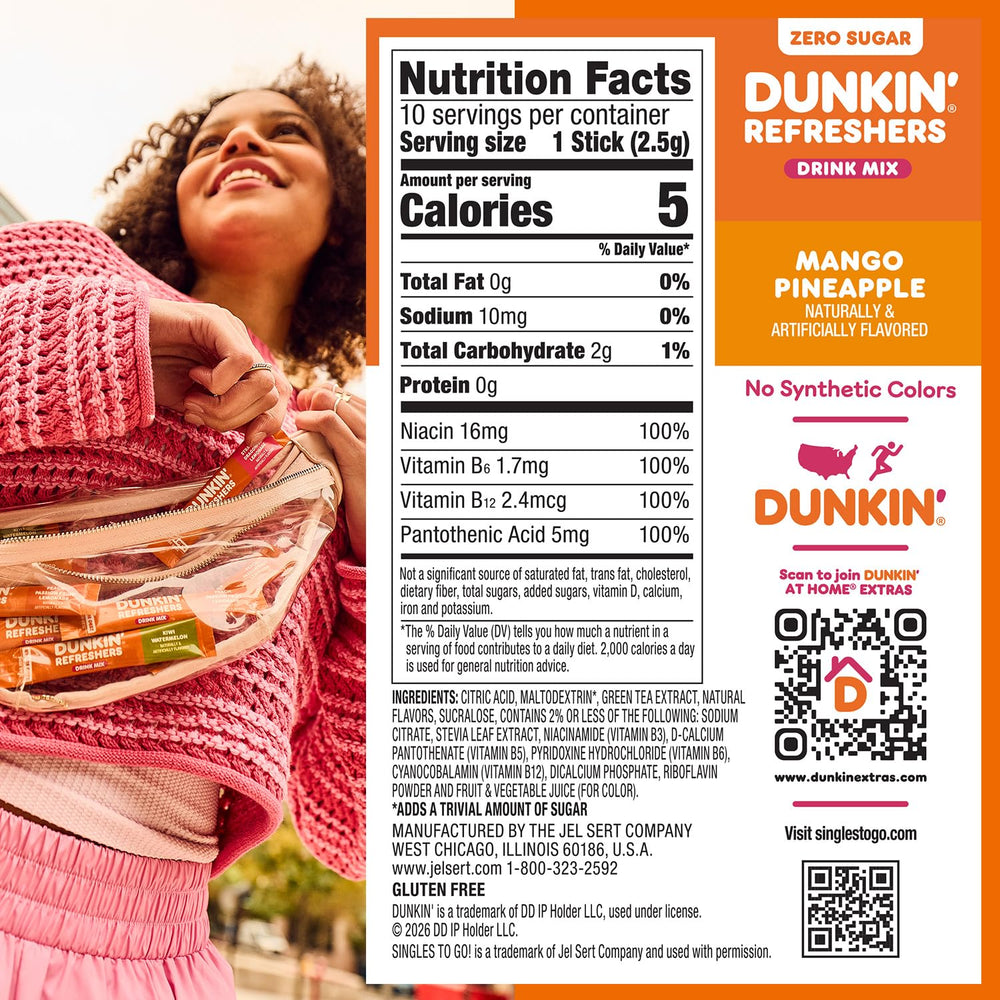 Dunkin Refreshers Mango Pineapple being poured into a water bottle for on-the-go flavor.