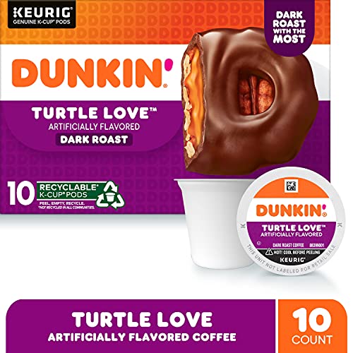 Dunkin Turtle Love dark roast pod with rich chocolate notes.