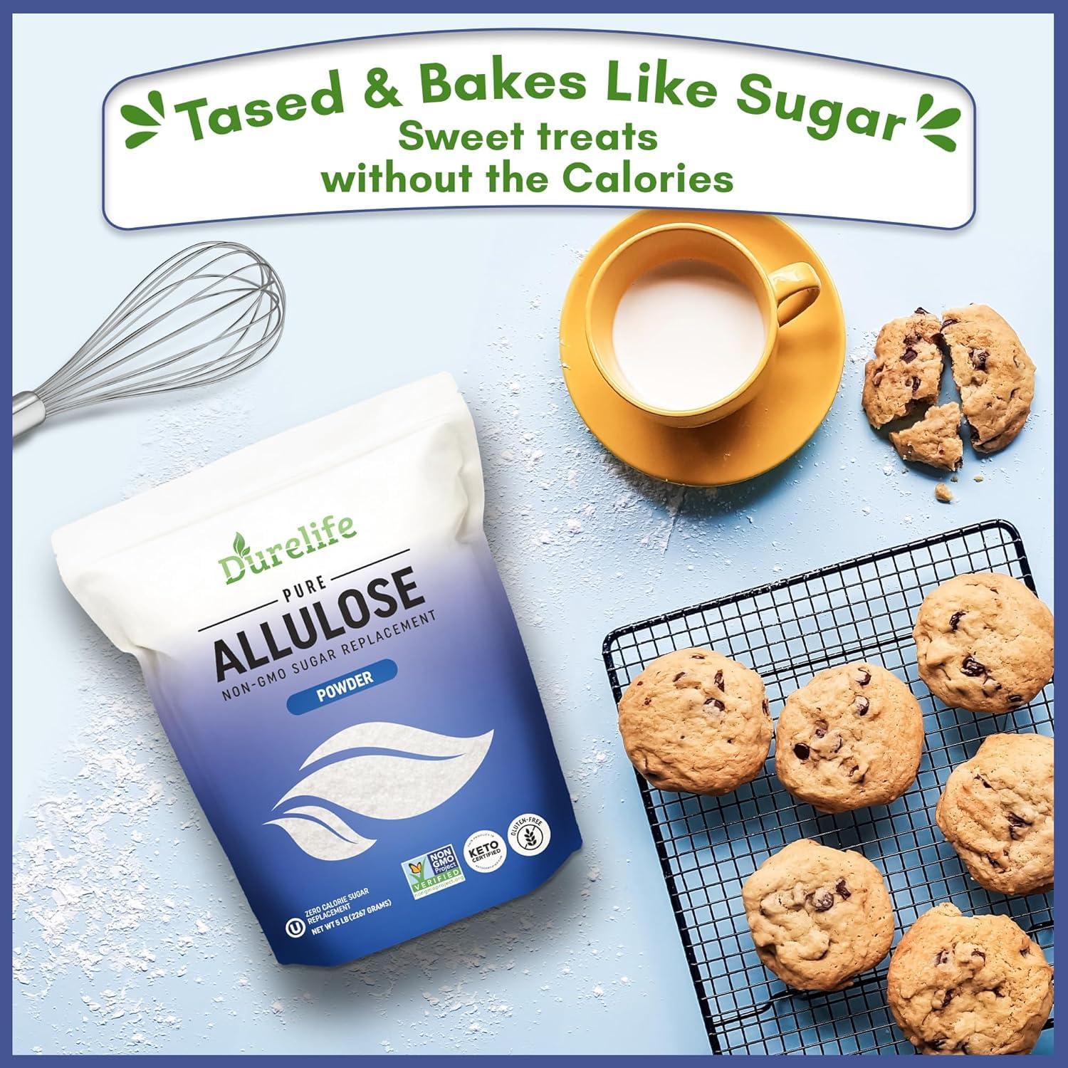 DureLife Allulose baking scene suggests sugar-free sweetness for desserts.