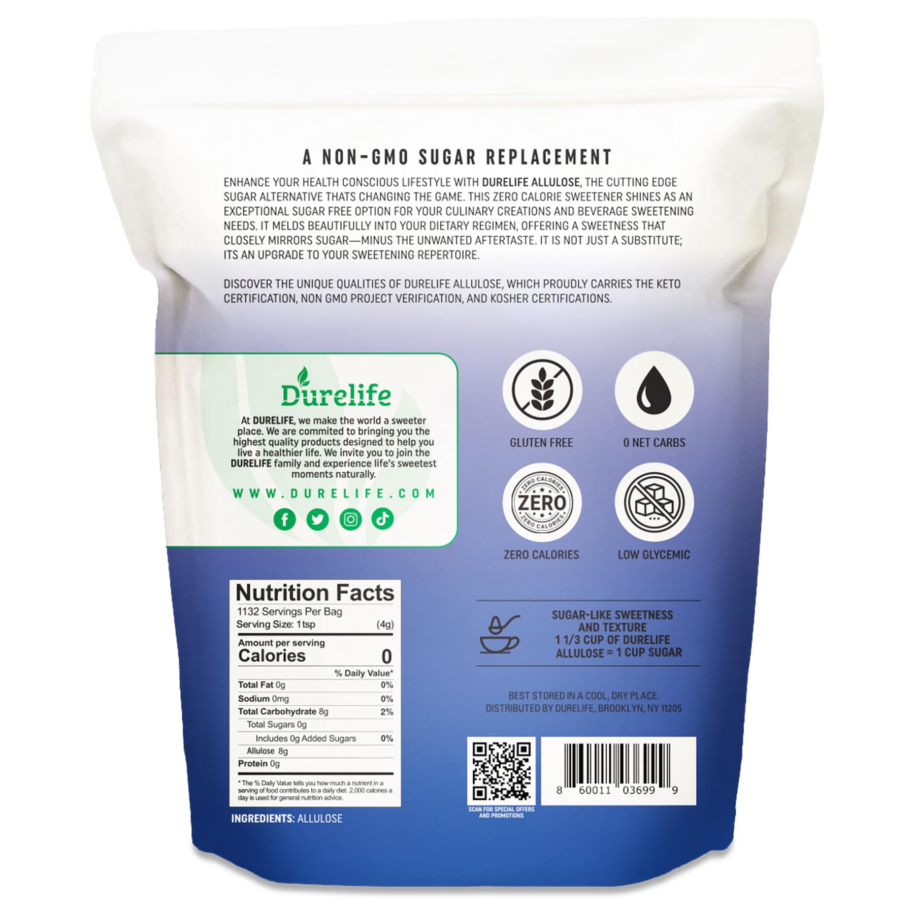 DureLife Allulose bulk bag on kitchen scene for easy measuring.