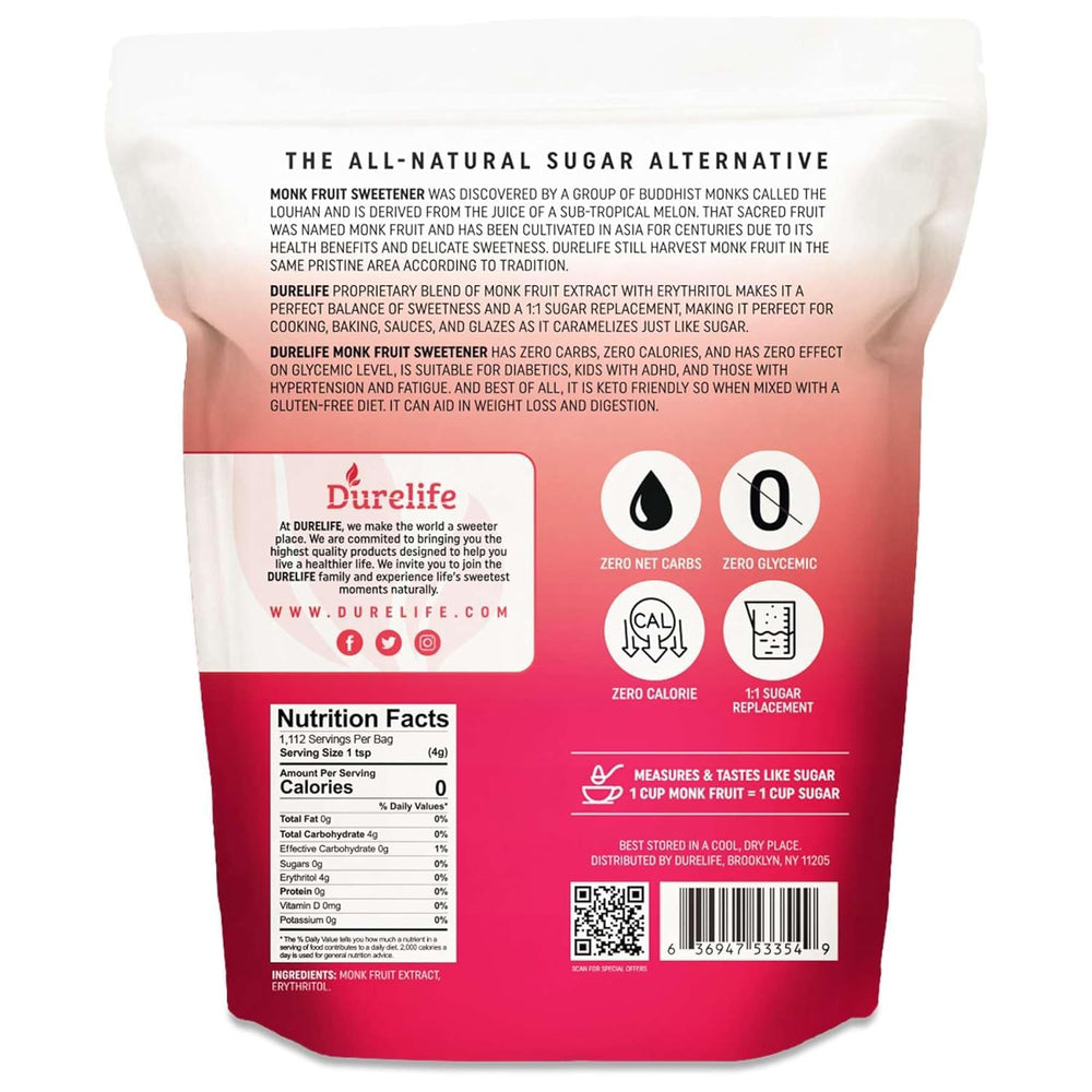 DureLife Golden Monk Fruit bottle pouring as a zero-calorie sweetener for beverages.