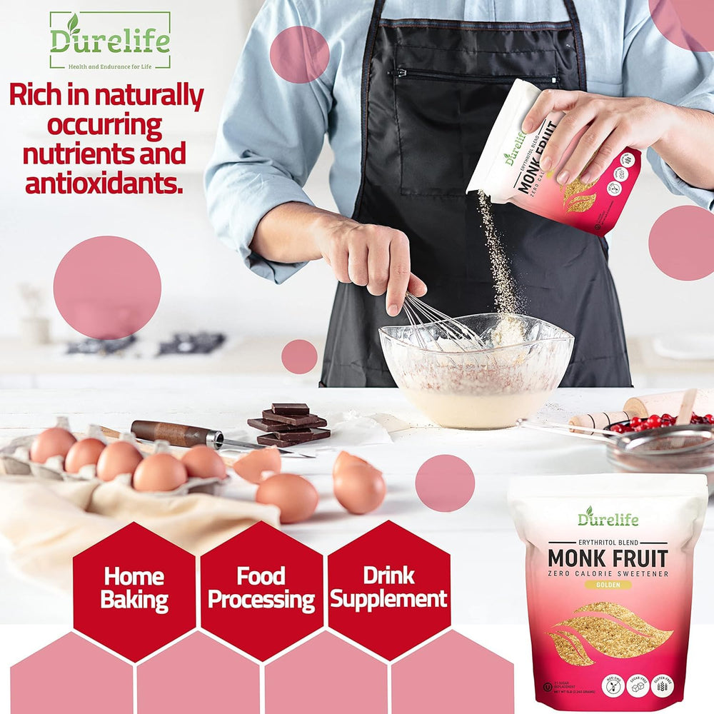 DureLife Golden Monk Fruit dissolving in coffee for sugar-free flavor.