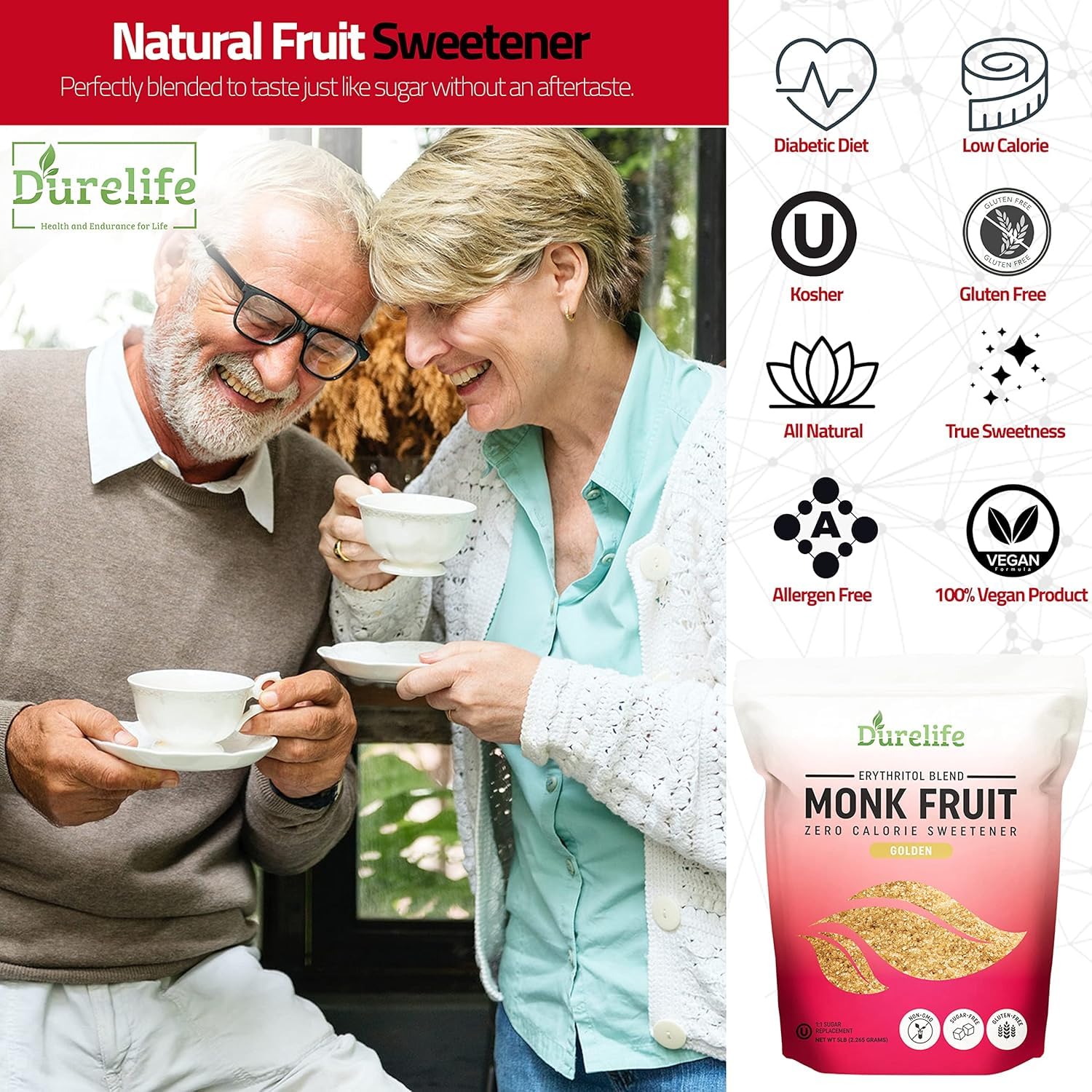 Close-up of monk fruit and erythritol blend in DureLife product.