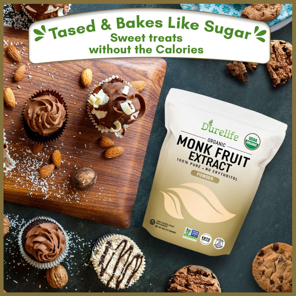 DureLife monk fruit packaging emphasizes organic, non-GMO verification with no additives.