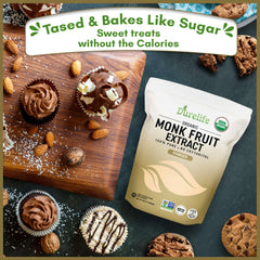 DureLife monk fruit packaging emphasizes organic, non-GMO verification with no additives.