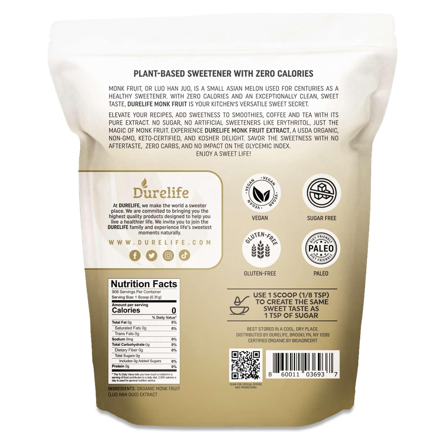 DureLife monk fruit pour enables easy drizzle in coffee, tea, and desserts.
