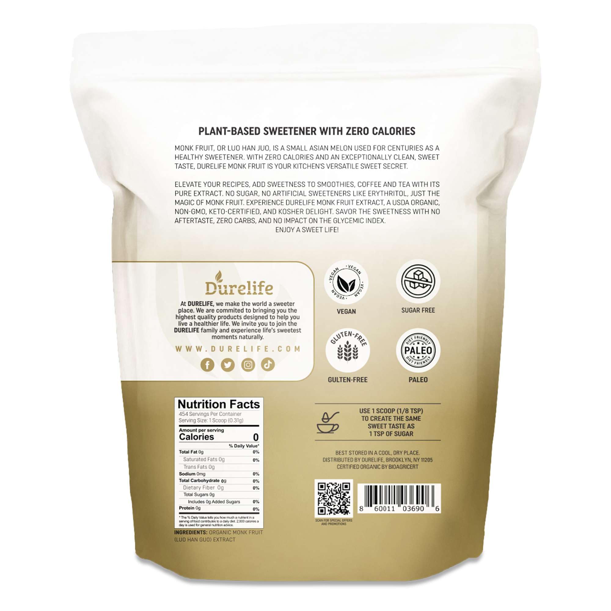 DureLife monk fruit powder pack highlighting purity and bake-friendly sweetness