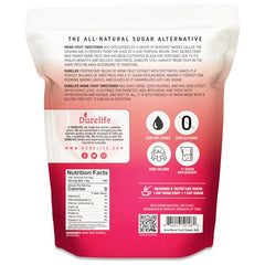 DureLife Monk Fruit Sweetener back label close-up, non-GMO and heat stability notes.